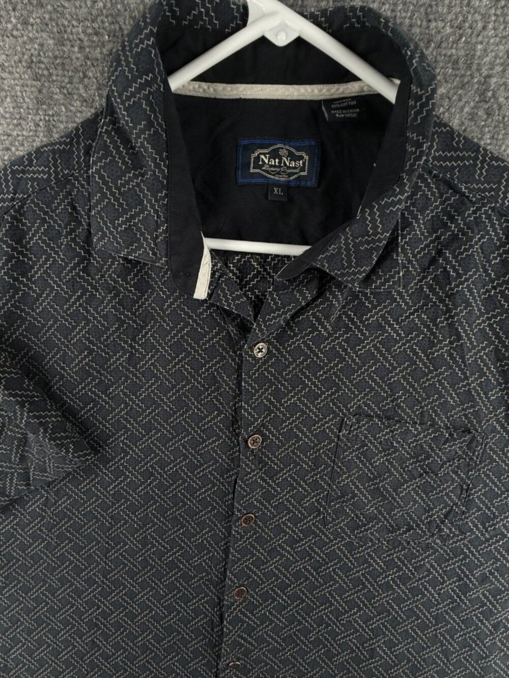 Nat Nast Button Up Shirt Men Short Sleeve Hawaii Silk Cotton Blue Geometric